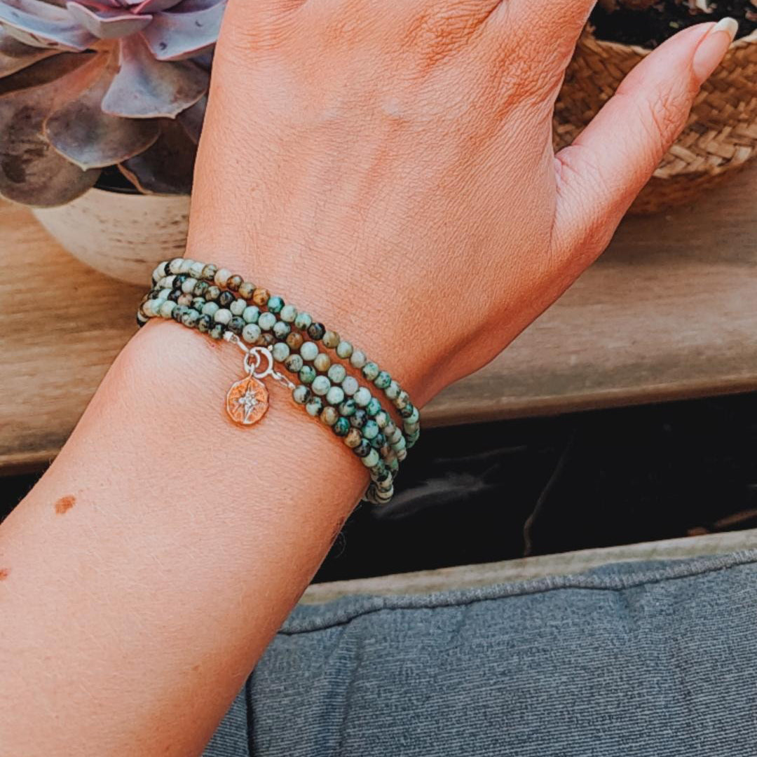 Enjoy the Journey - African Turquoise Wrap Bracelet with Rose Gold (Gold Filled) Compass Charm