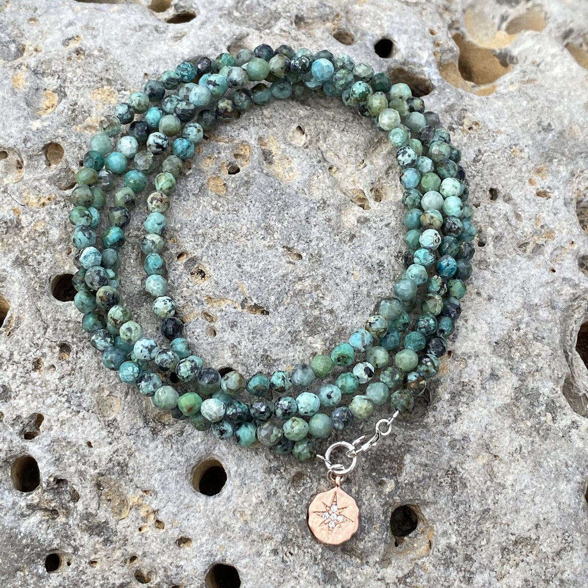 Enjoy the Journey - African Turquoise Wrap Bracelet with Rose Gold Compass Charm