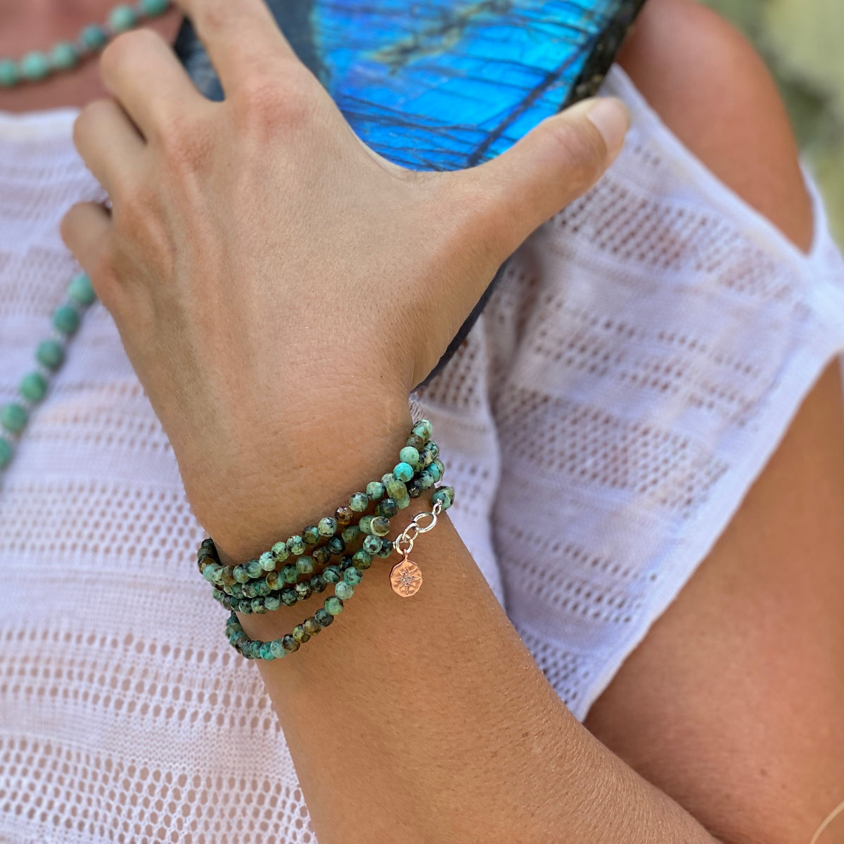 Enjoy the Journey - African Turquoise Wrap Bracelet with Rose Gold (Gold Filled) Compass Charm