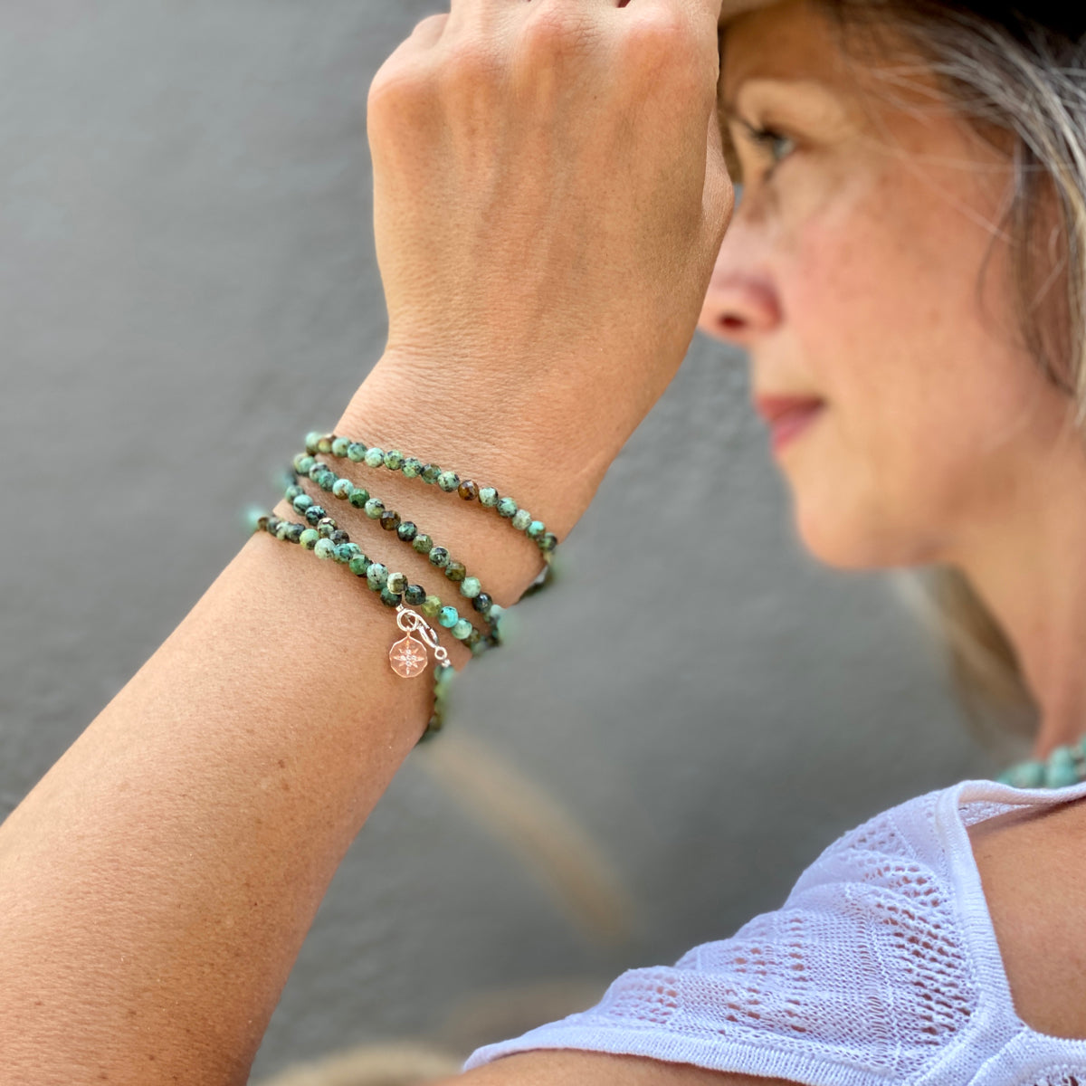 Enjoy the Journey - African Turquoise Wrap Bracelet with Rose Gold (Gold Filled) Compass Charm