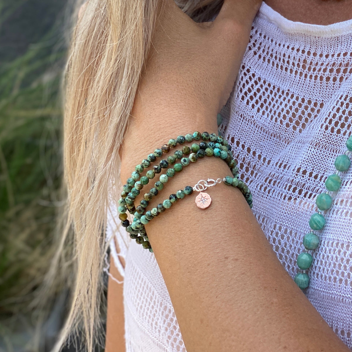 Enjoy the Journey - African Turquoise Wrap Bracelet with Rose Gold (Gold Filled) Compass Charm