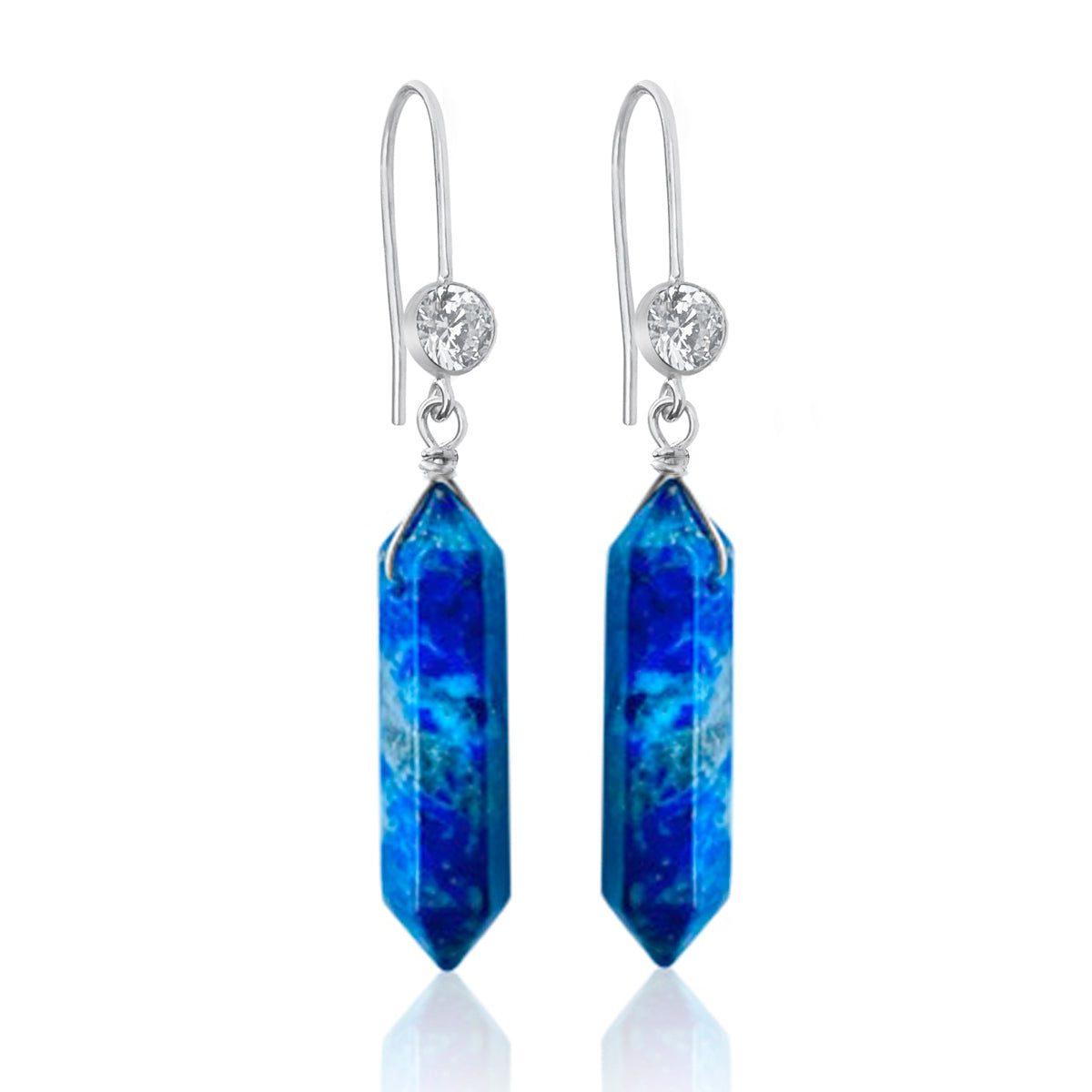 The Lapis Lazuli Meditation Earrings are a stunning pair of earrings that combine natural beauty with spiritual significance. Each earring features a double-pointed Lapis Lazuli stone, which is known for its deep blue color and unique veining. 