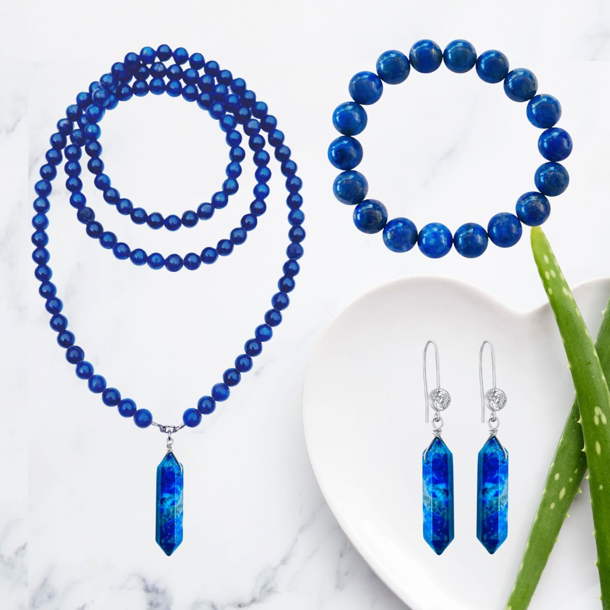 The Lapis Lazuli Meditation Necklace, Bracelet and Earring Set combines natural beauty with spiritual significance. 