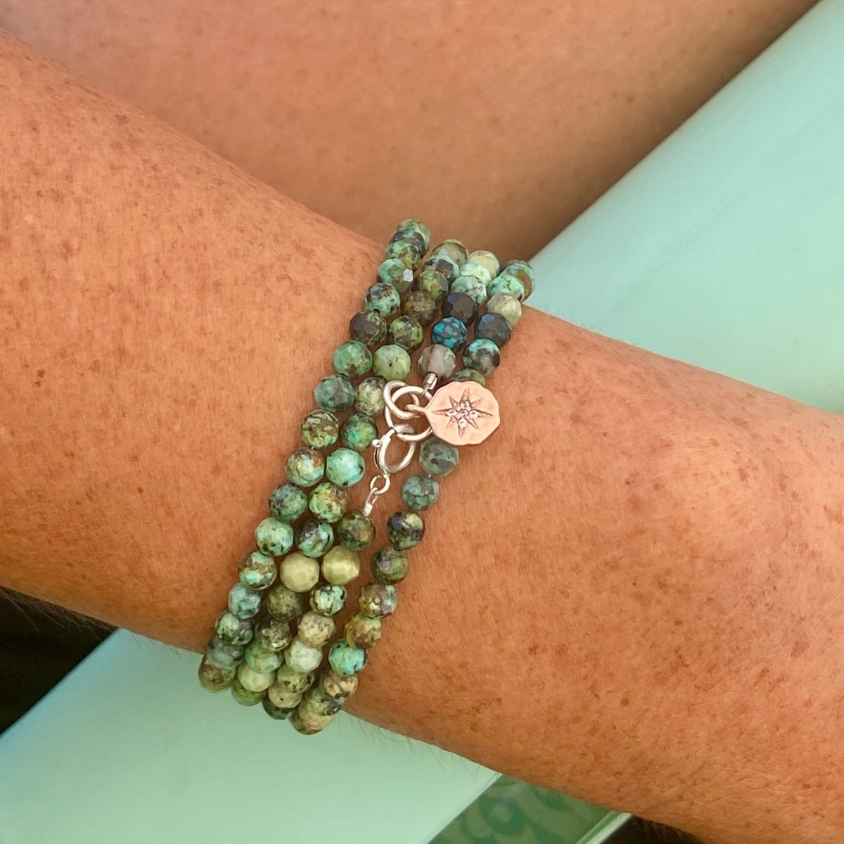 Enjoy the Journey - African Turquoise Wrap Bracelet with Rose Gold (Gold Filled) Compass Charm