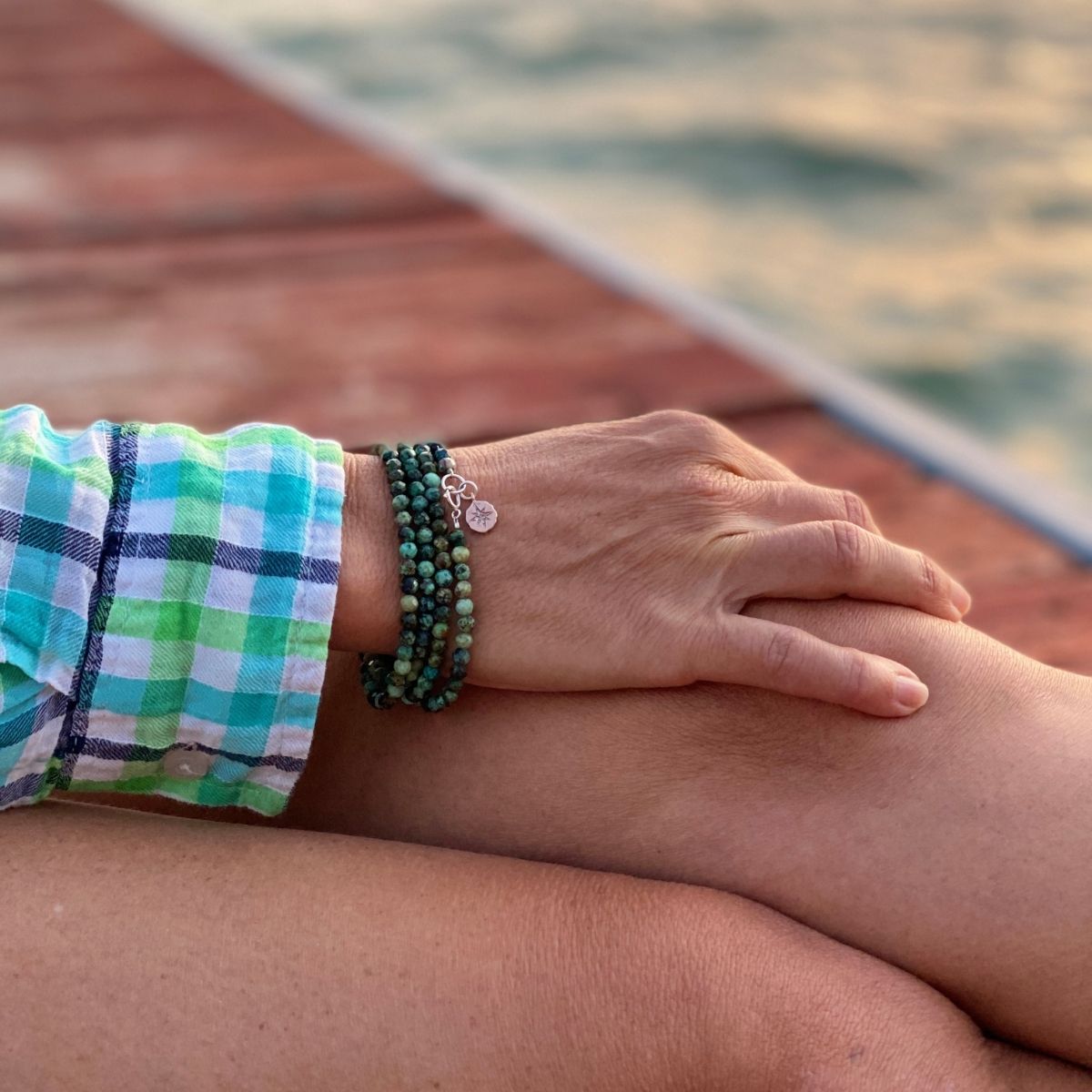 Enjoy the Journey - African Turquoise Wrap Bracelet with Rose Gold (Gold Filled) Compass Charm