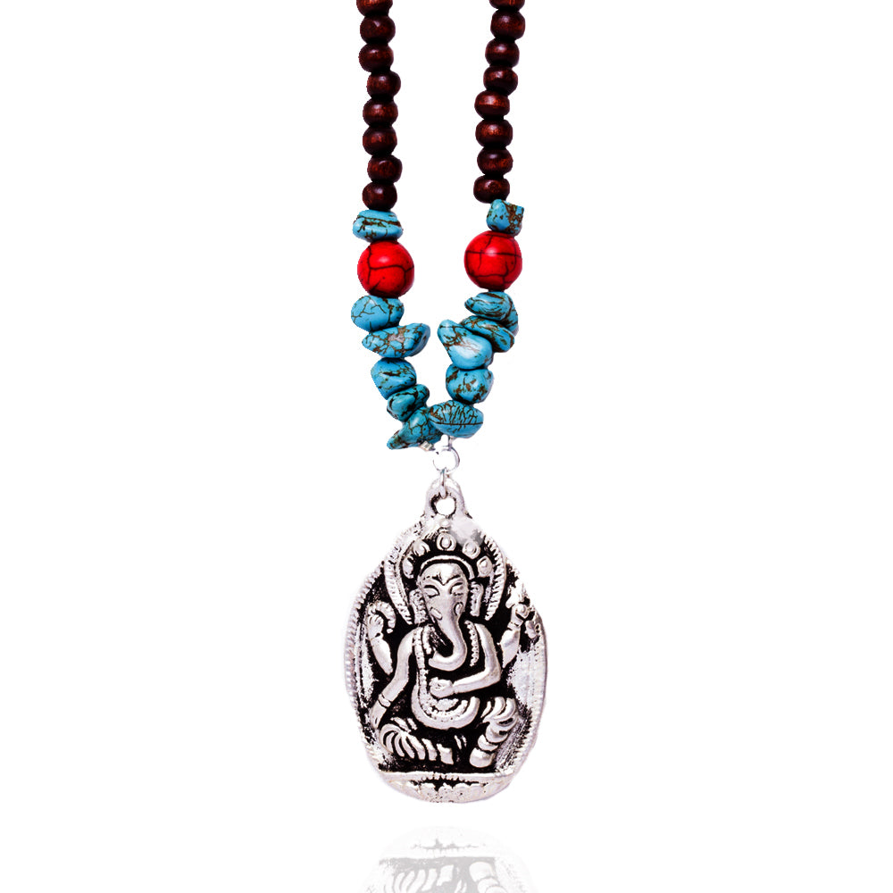 Unisex Ganesha Yoga Necklace for the Wise Person with&nbsp;Turquoise and Wood Mala Beads&nbsp;