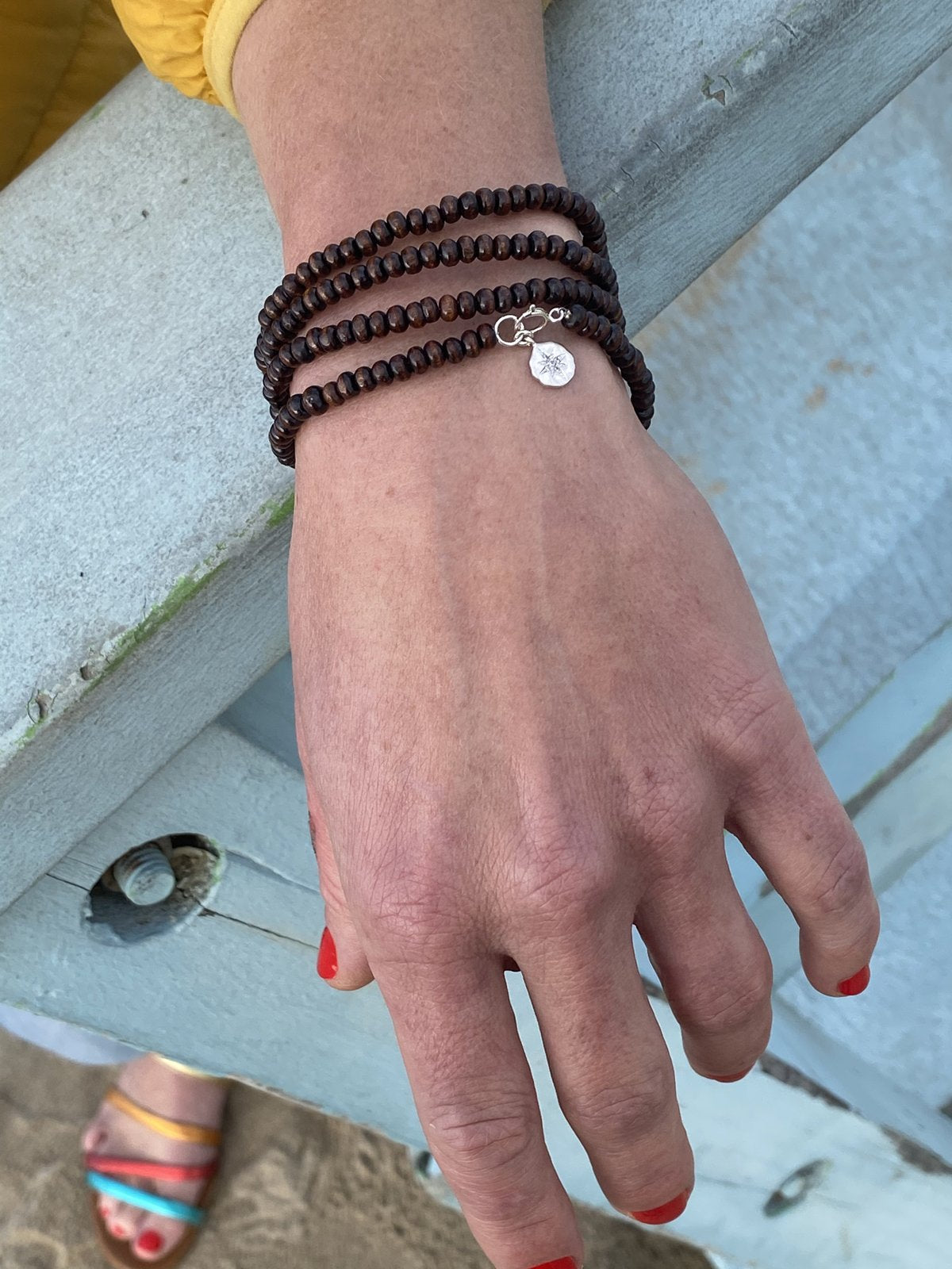 Wood Wrap Bracelet for Wisdom with Sterling Silver Compass Charm