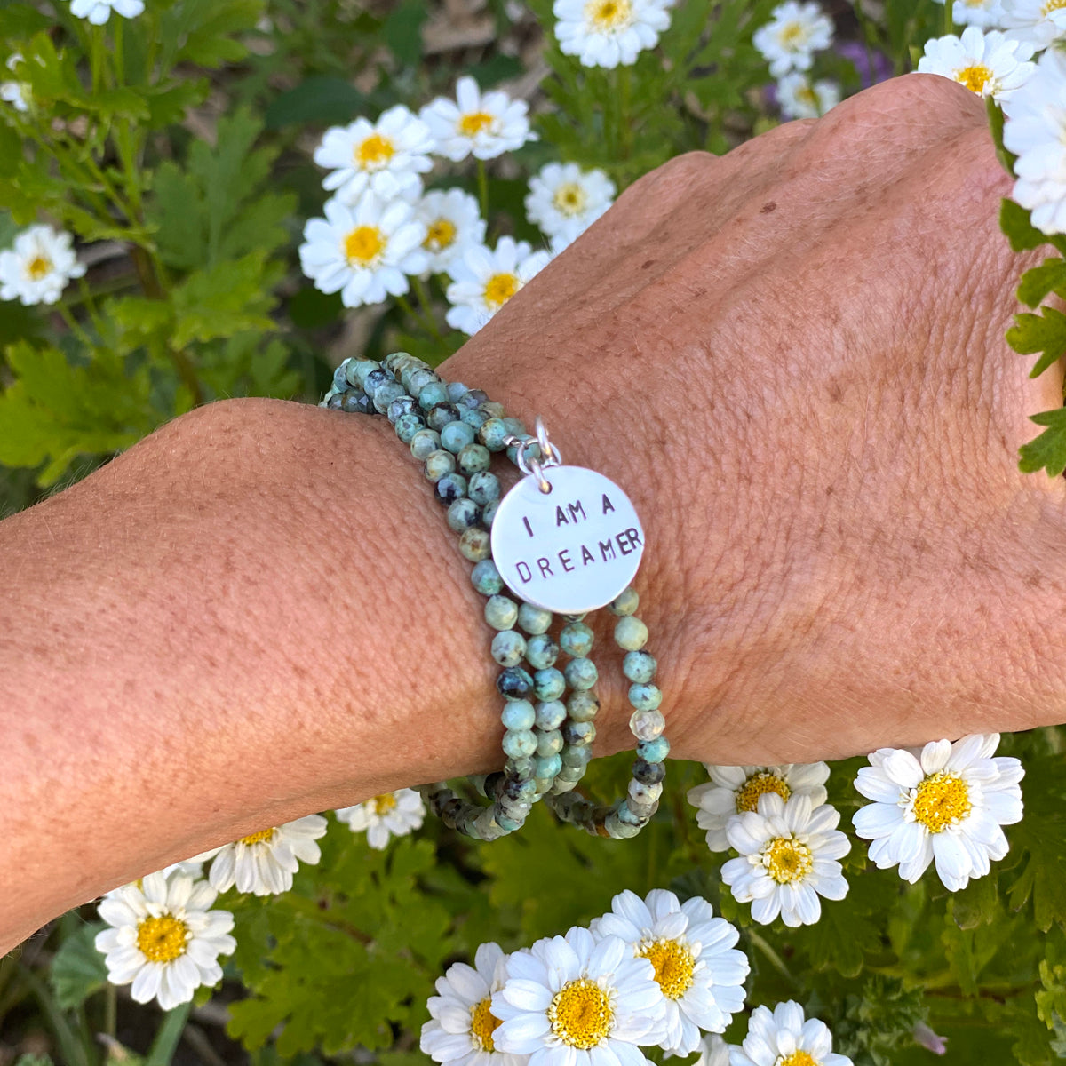 I am a Dreamer - Affirmation Bracelet and Wrap Bracelet with African Turquoise