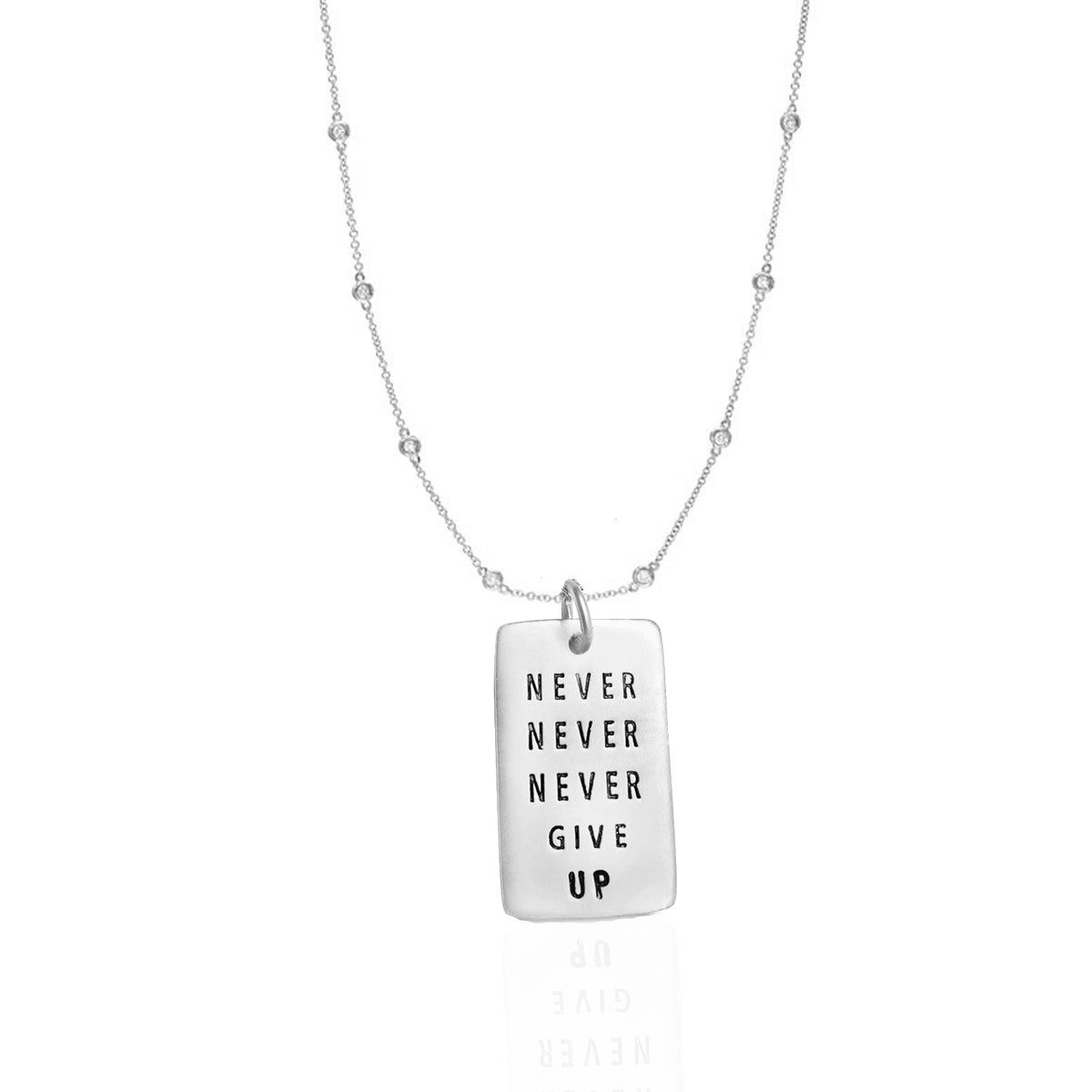 Never Give Up Inspirational Dog Tag Necklace with Crystals