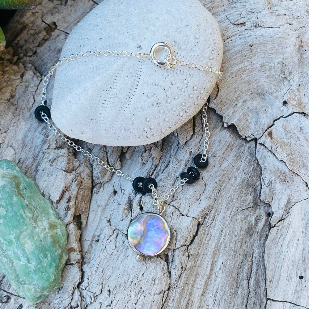 Zero Waste Bracelet with up-recycled SCUBA parts and Abalone pendant from the Pacific Ocean.  Eco-conscious jewelry for the ocean lovers, surfers, scuba divers.