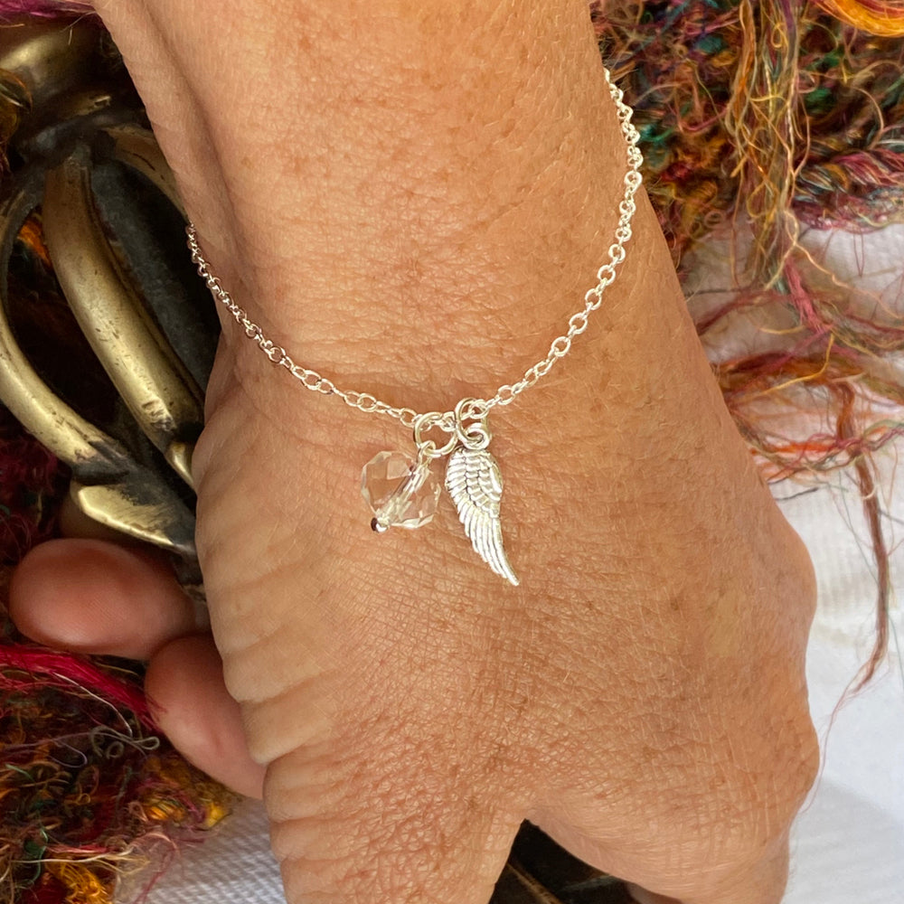 Guardian Angel Wing Bracelet with a Clear Crystal Charm