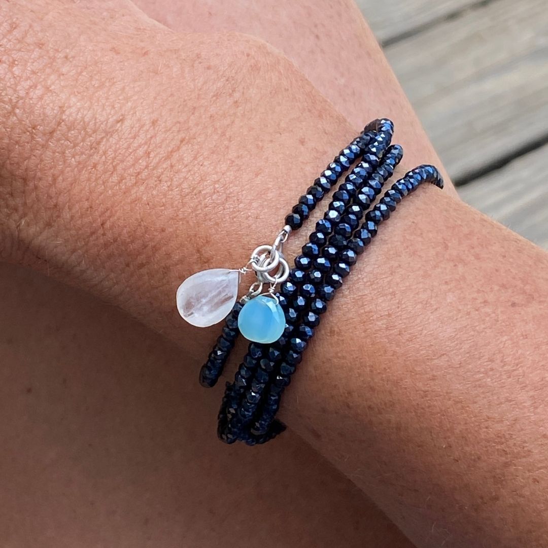 Aquamarine and Moonstone Wrap Bracelet for Hope Best crystals for Hope. Best crystals to invite New Beginnings. Moonstone Wrap Bracelet to invite New Beginnings. A stone for “new beginnings”, Moonstone is a stone of inner growth and strength.  