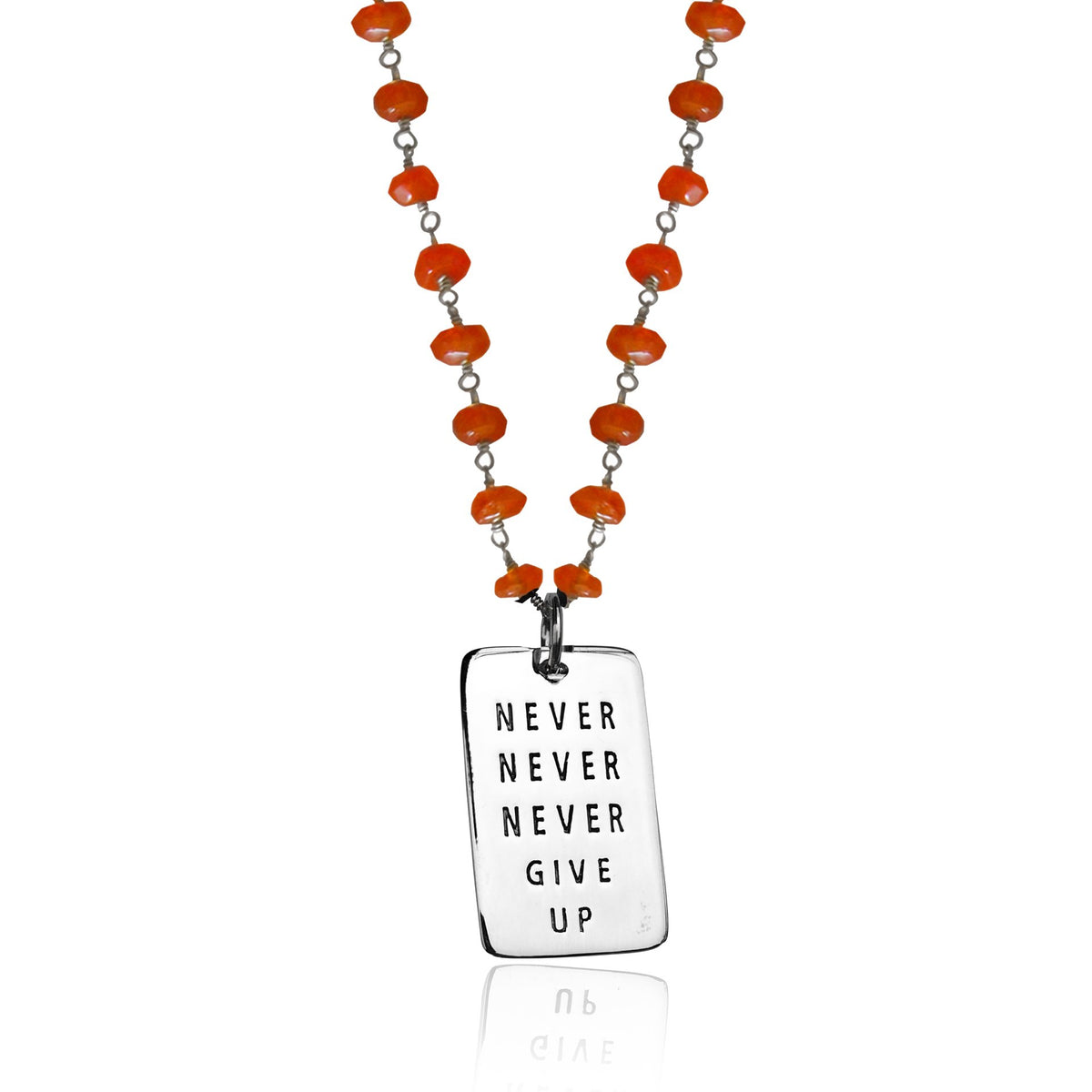 Inspirational Sterling Silver Never Give Up Dog Tag on Silver Wire Wrapped Carnelian Necklace