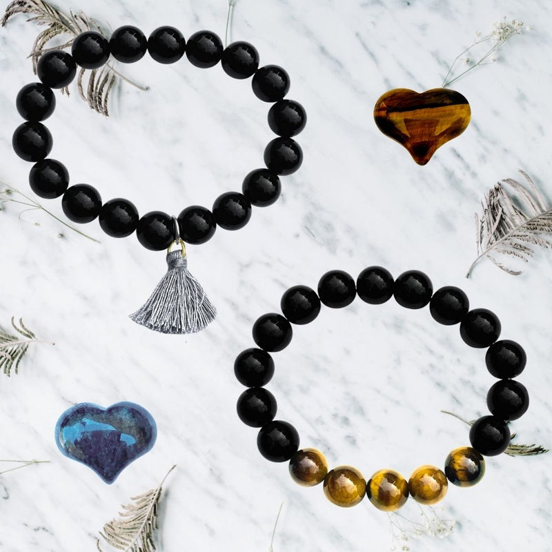 Unisex Yoga Themed Jewelry Set with Grounding Earth Bracelets: Black Onyx and Tiger Eye Bracelet, Black Onyx Bracelet with Tassle to Remind Us that Our Shadows are Parts of Us.