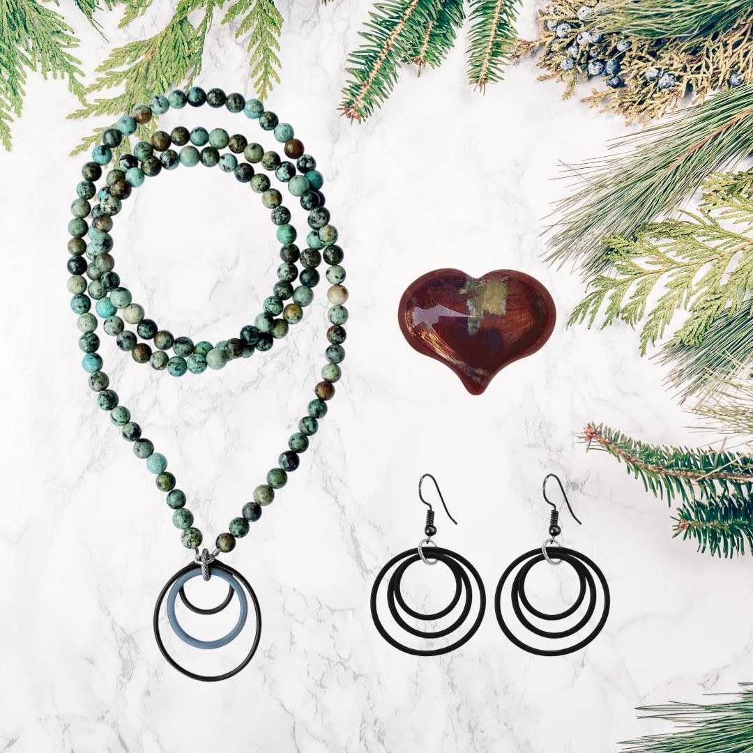 Zero Waste Necklace and Earrings with up-recycled SCUBA parts and African Turquoise. Buy them together and get a Bonus Dragon Blood Gemstone Heart ($15 value) 