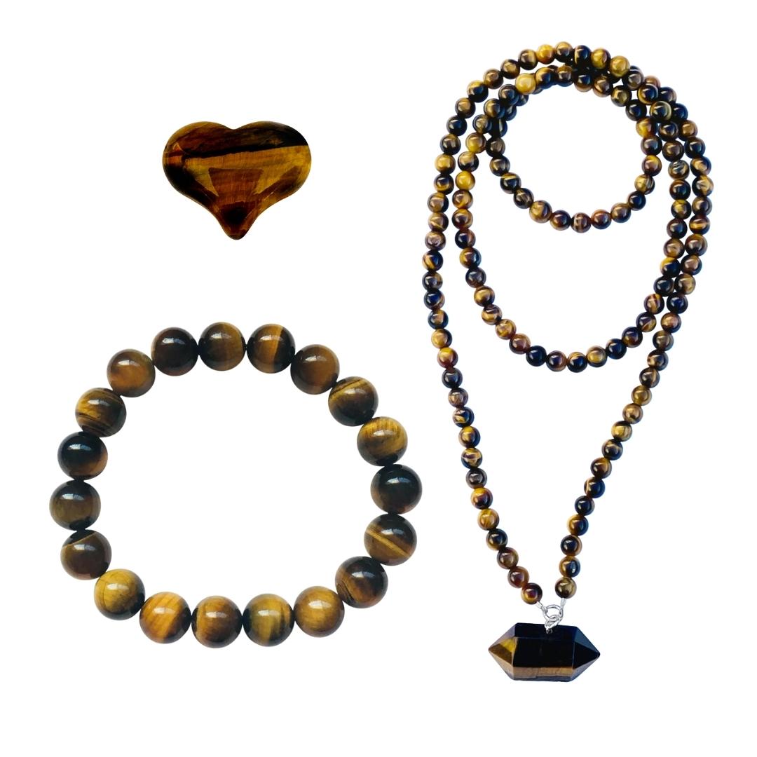 Tiger Eye Yoga Inspired Grounding Jewelry. Promotes balance and strength to get through difficult phases of life. The Question Everything in Life Tiger Eye Jewelry Set includes:  - Tiger Eye Bracelet - Tiger Eye Necklace - Tiger Eye Heart Shaped Gemstone