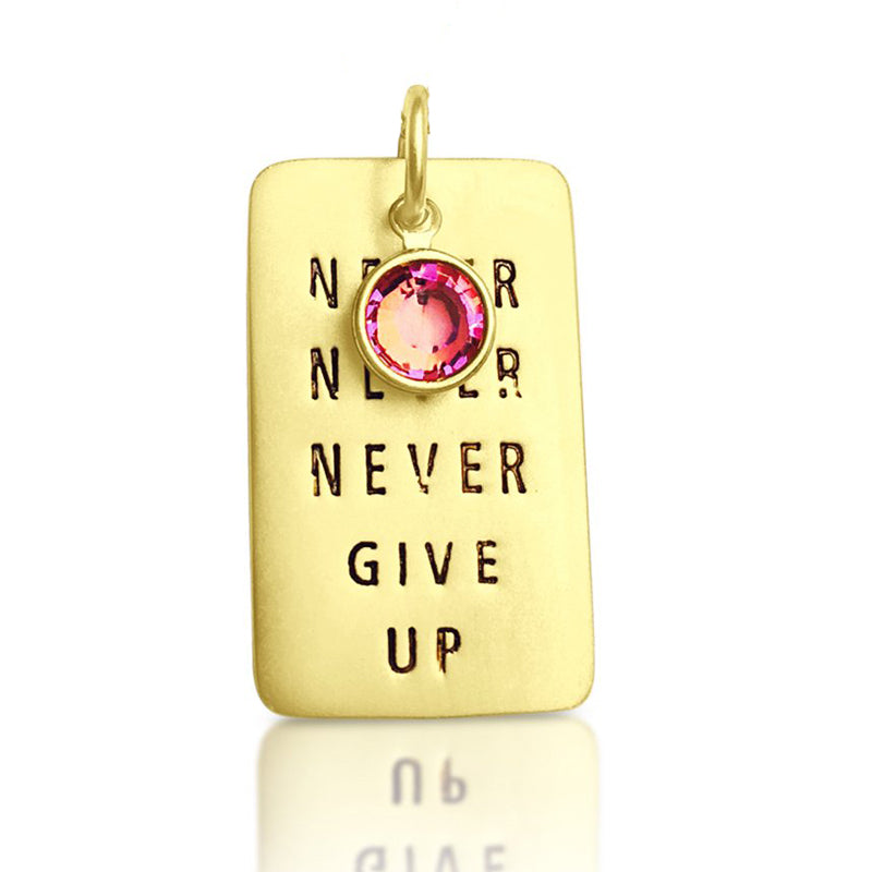 Never Give Up Gold Filled Dog Tag with Crystal