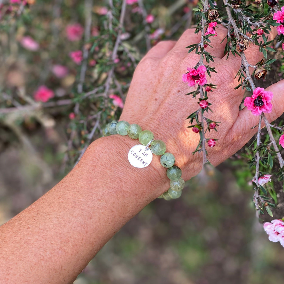 I am Content Affirmation Bracelet with Prehnite to Help Feel Happy & See the Good in All Things