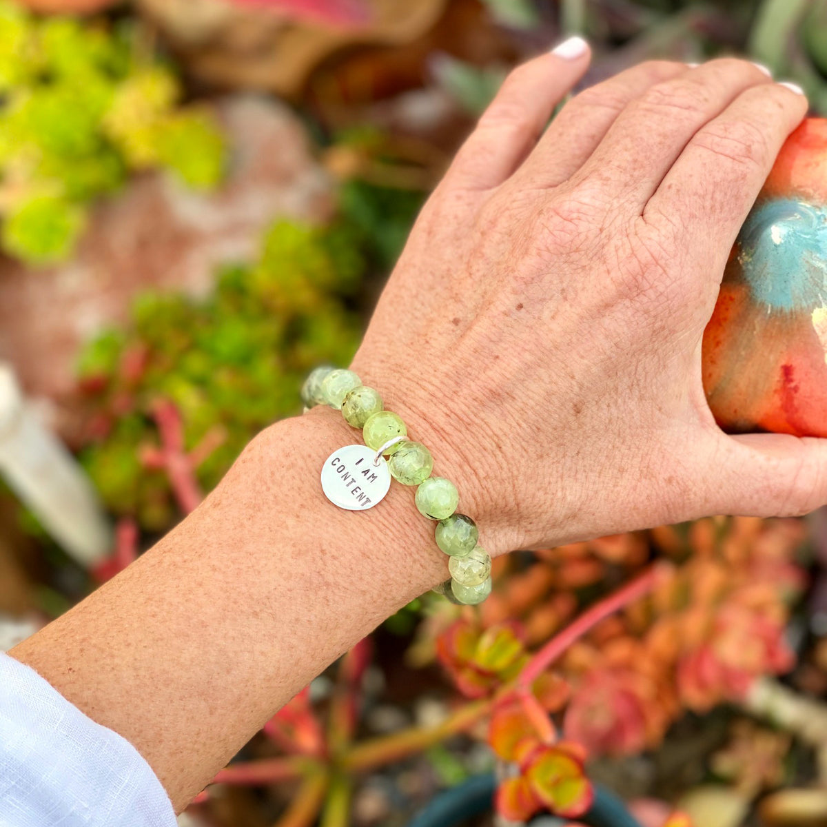 I am Content Affirmation Bracelet with Prehnite to Help Feel Happy & See the Good in All Things