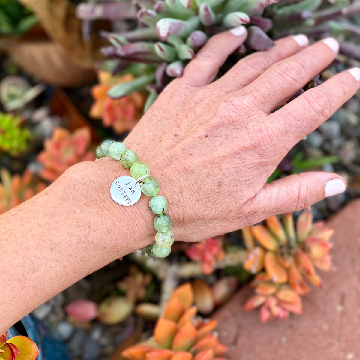 I am Content Affirmation Bracelet with Prehnite to Help Feel Happy & See the Good in All Things