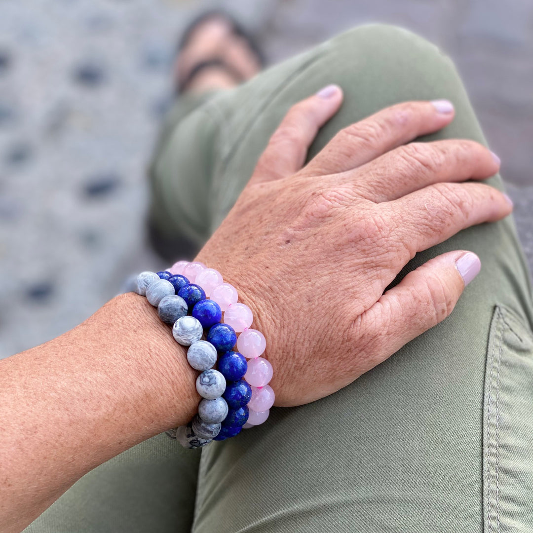 Jewelry to Repel Negativity: Lapis Lazuli Bracelet to Enhance the Magic of Your Own Mighty Will, Rose Quartz Bracelet for Compassion and Healing Your Heart and Jasper Mala Bracelet against Negativity.