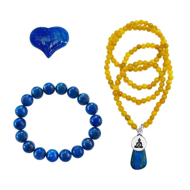 The Open Your Mind to All Possibilities Lapis Lazuli Jewelry Set includes:  - Lapis Lazuli Bracelet - Meditating Yogi Necklace with Jade and Lapis Lazuli - Lapis Lazuli Heart Shaped Gemstone