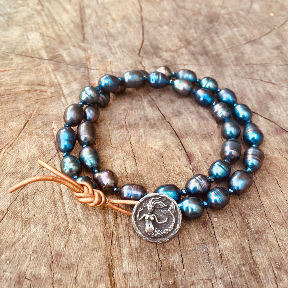 Mermaid Soul - Pearl and Leather Wrap Bracelet with Mermaid Button