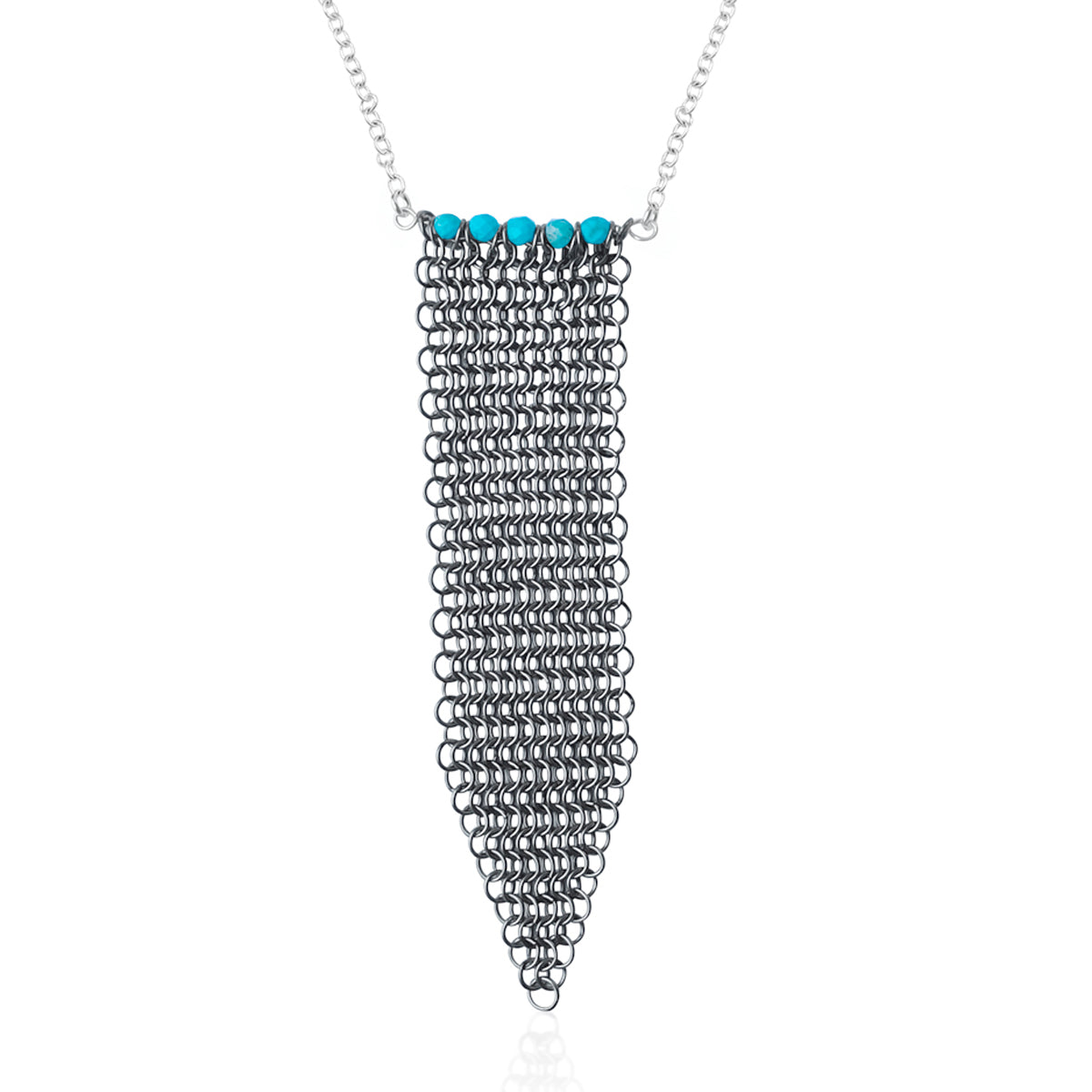 Repurposed Shark Chainmail Suit Necklace with Turquoise and Sterling Silver 