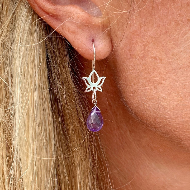 Sterling Silver Calming and Stress Relief Amethyst Lotus Flower Earrings. Amethyst is the best crystal for stress.