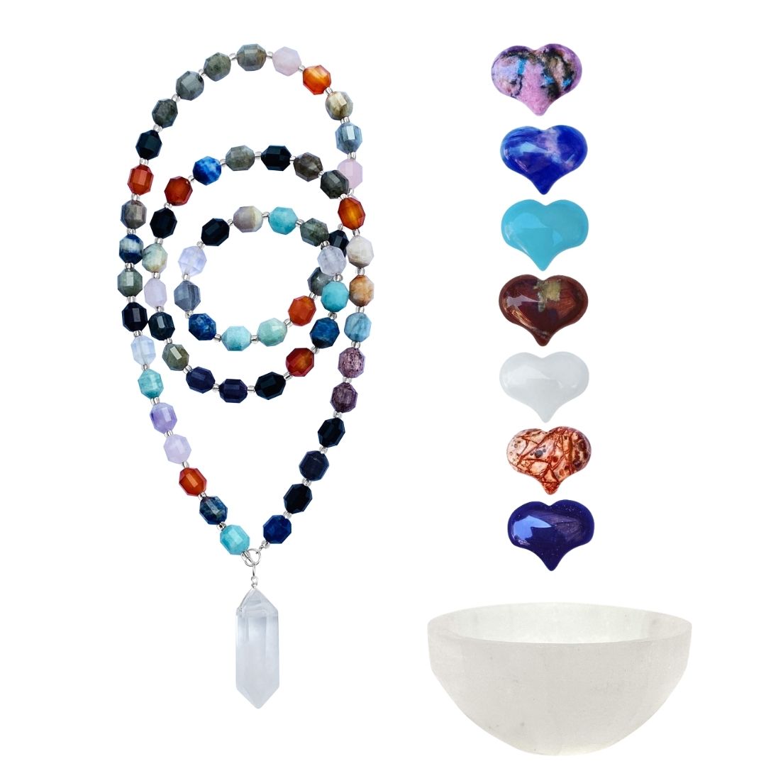 The Master Healer Crystal Necklace with Healing Gemstones -  Mother Earth Energy Healing Crystal Mindfulness Gemstone Necklace with a Clear Crystal Point to support change that comes from within & Heart Shaped Healing Gemstones Corresponding with the Seven Chakras.