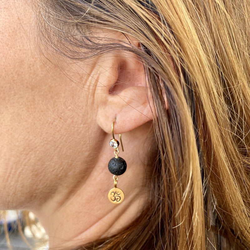 Gold Yoga Inspired Lava Stone Earrings with Ohm Charm