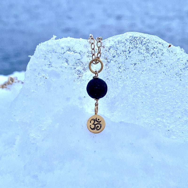 Yoga Inspired Gold Ohm Necklace with Lava Stone to Hear the Sound of the Universe