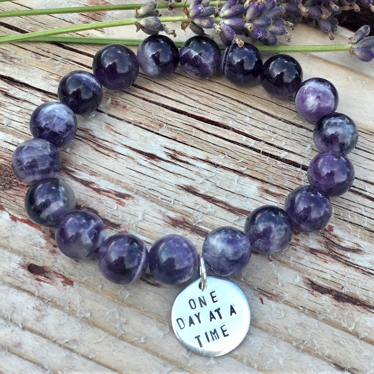 One Day at a Time Affirmation Bracelet with Amethyst