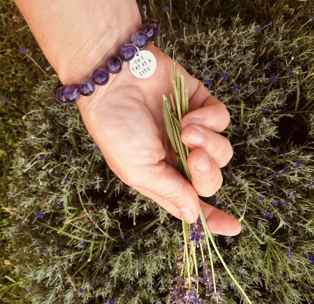 One Day at a Time Affirmation Bracelet with Amethyst