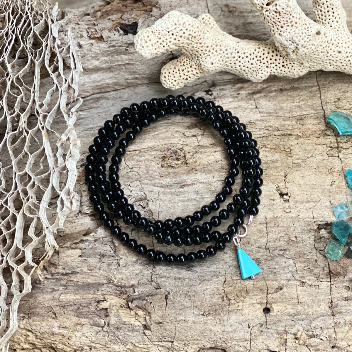 Black Onyx Wrap Bracelet for Self-Control with a Turquoise Dangle Charm