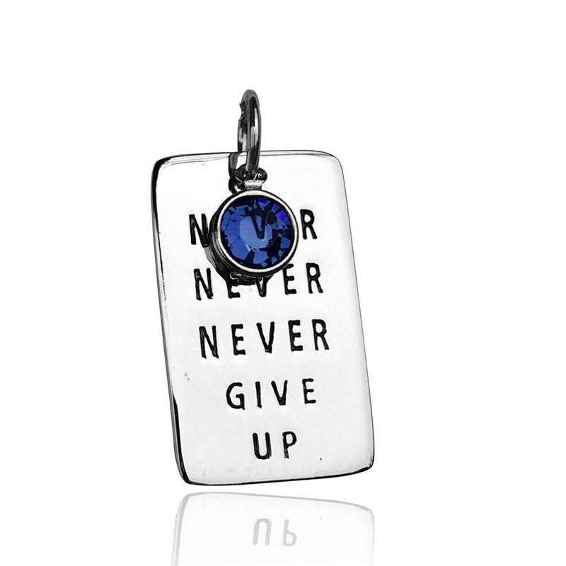 Never Give Up Sterling Silver Dog Tag with Crystal