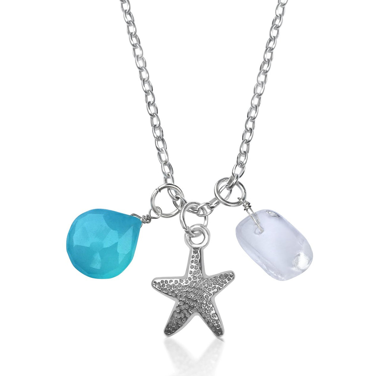 Ocean Inspired Starfish Charm Necklace with Aquamarine and River Crystal