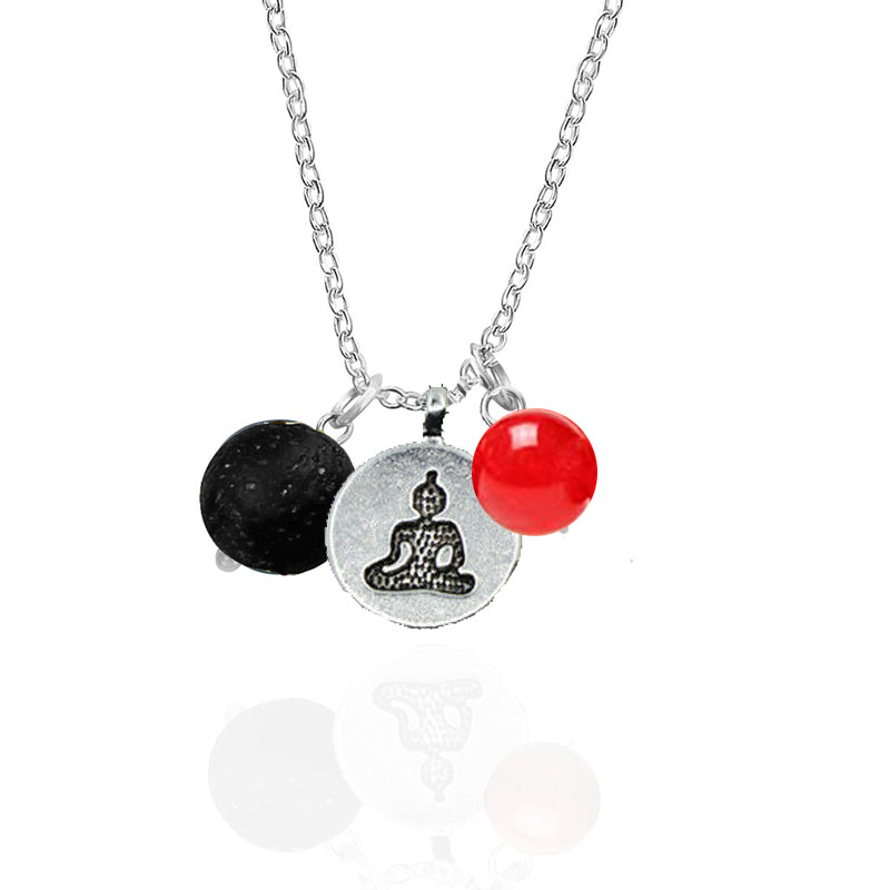 Meditating Buddha - Yoga Practitioner Necklace with Lava Stone and Red Jade