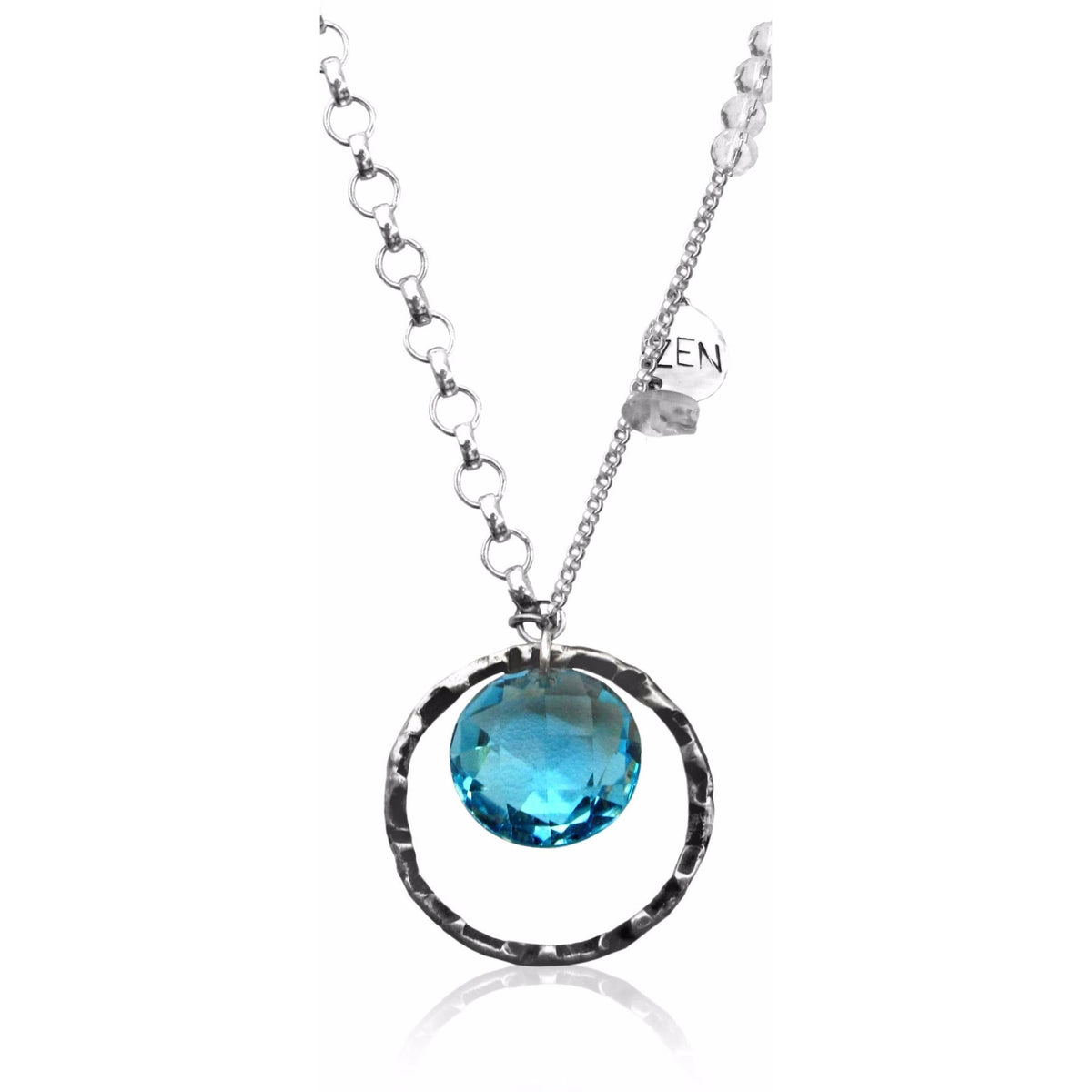 Sterling Silver Zen Necklace with Aquamarine Swarowski Crystal 35 Inch.