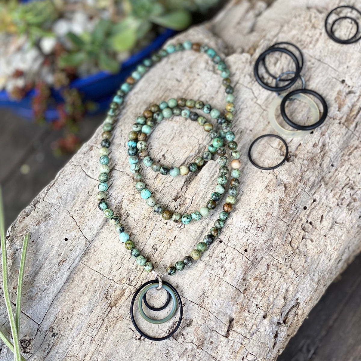 Zero Waste Necklace with up-recycled SCUBA parts and African Turquoise