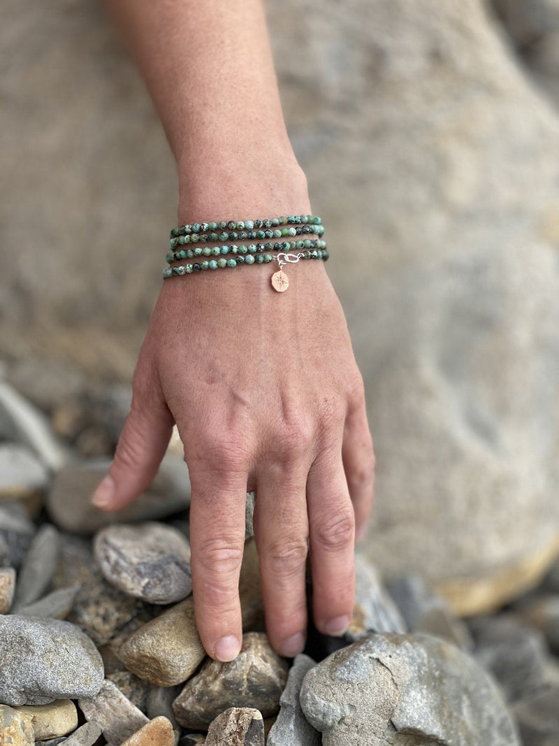 Enjoy the Journey - African Turquoise Wrap Bracelet with Rose Gold Compass Charm