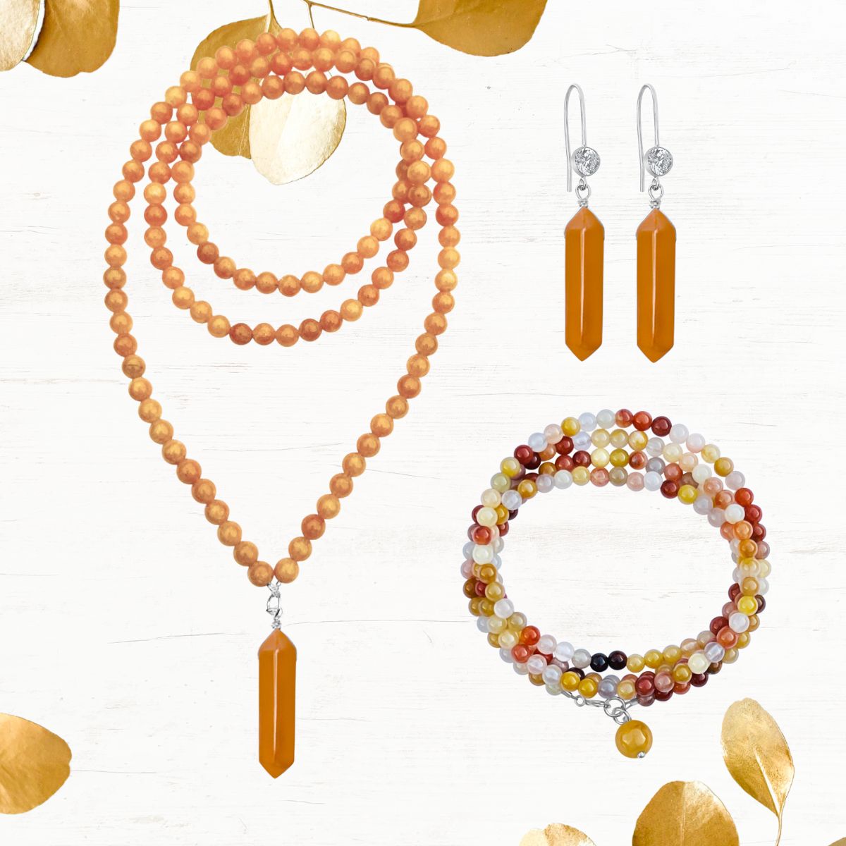 The Orange Blossom Aventurine and Jade Necklace, Earring and Wrap Bracelet Jewelry Set is made of soothing and calming gemstones that promote emotional balance, creativity, and abundance.