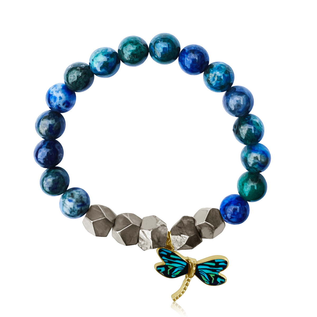 Embrace the harmony of transformation with the Dragonfly Whispers - Chrysocolla and Pyrite Bracelet, a symbol of empowerment and balance, guiding you to navigate life's twists and turns with resilience and grace.