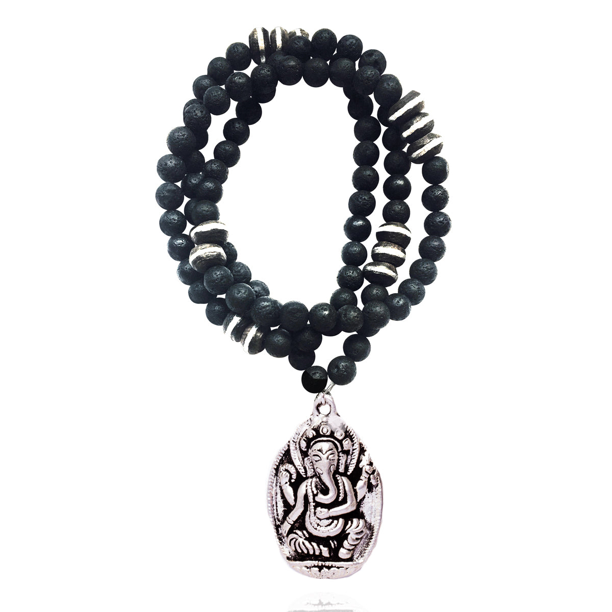 Ganesha Yoga Necklace for the Wise Person with Bony Wood and Lava Stone Mala Beads&nbsp;