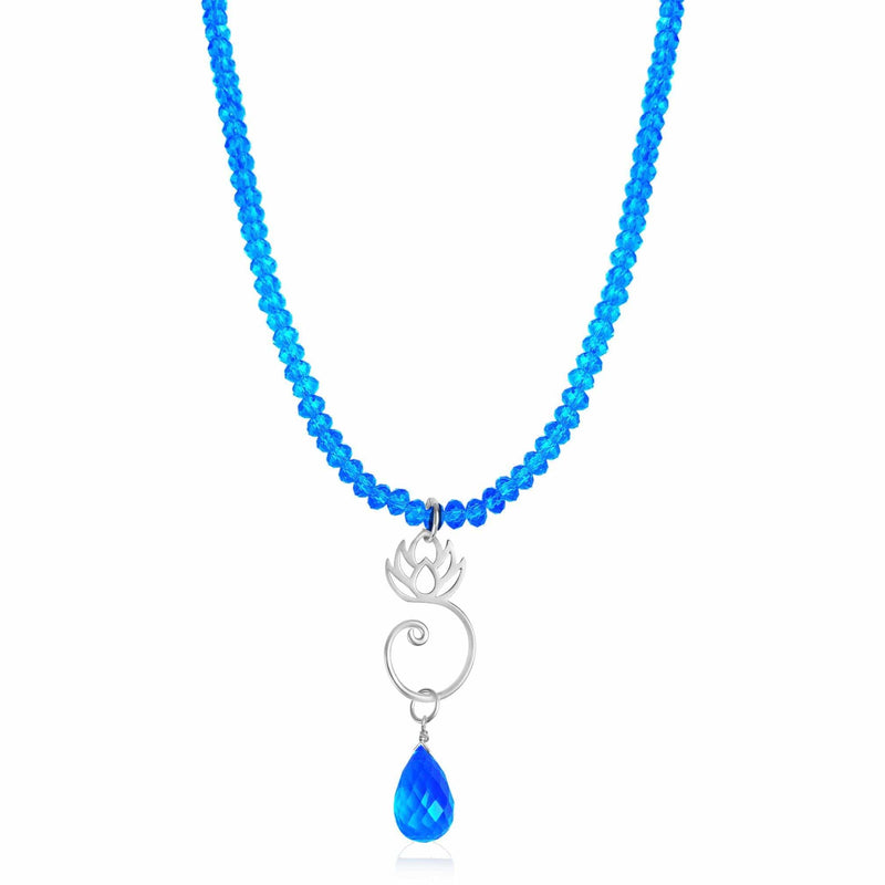 Yoga Inspired Turquoise Blue Crystal Necklace with Sterling Silver Lotus Flower