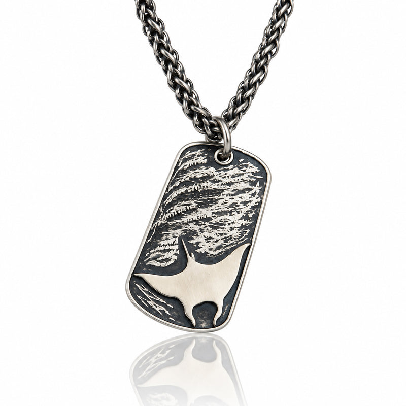 Sterling Silver Ocean Manta Ray Man Dog Tag Necklace.