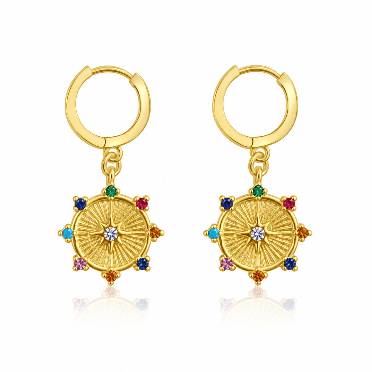 Gold hoop earrings inspired by the Medicine Wheel, with a guiding star at the center and colorful crystals for balance and harmony.