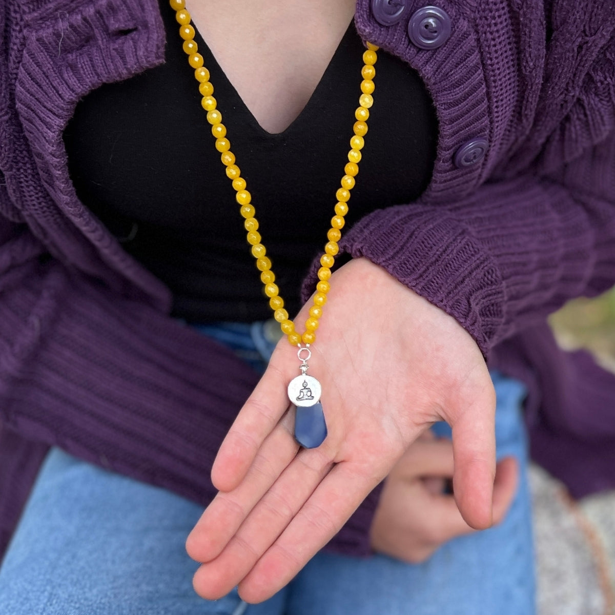 Meditating Yogi Necklace with Jade and Lapis Lazuli to Open the Mind to All Possibilities