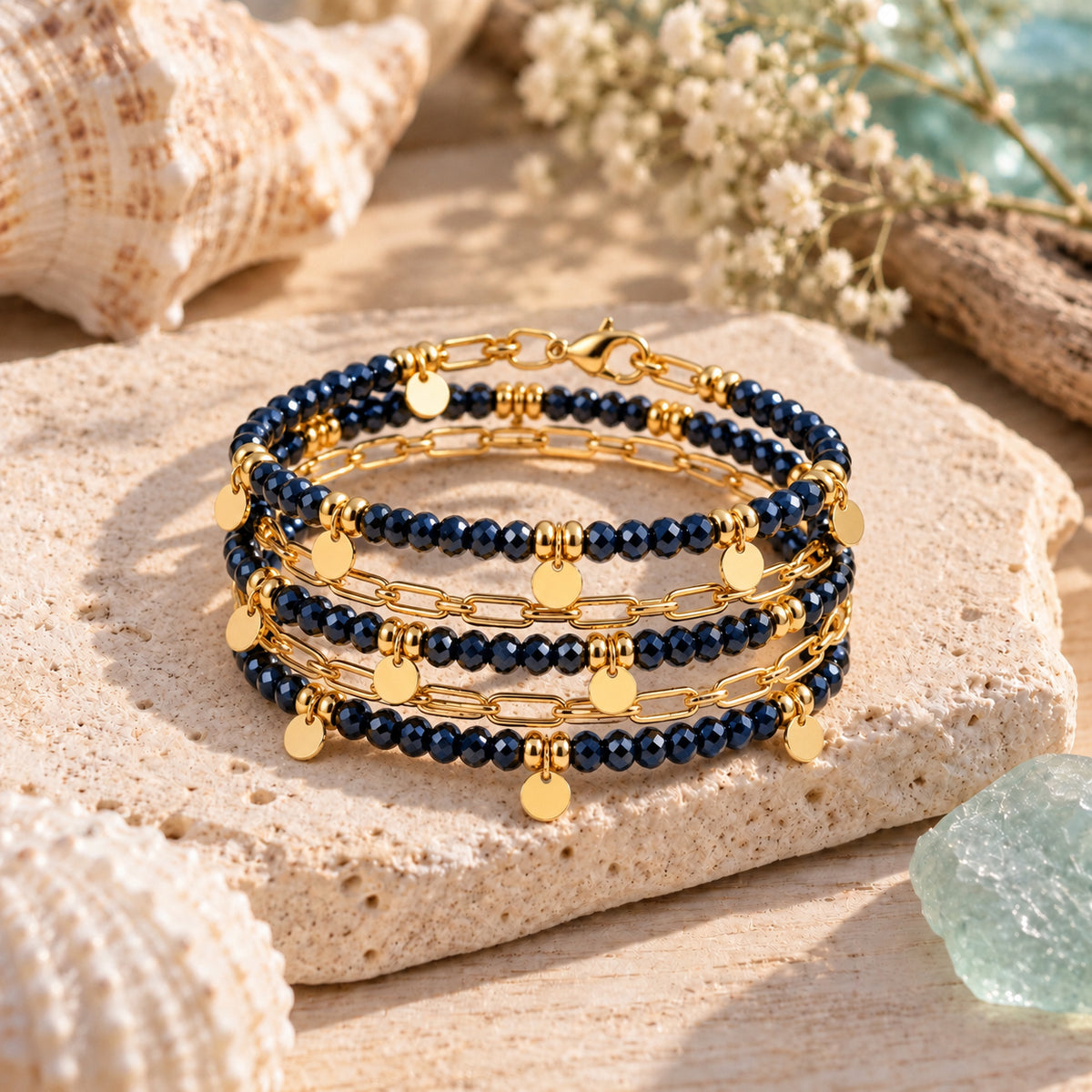 Gold-filled paperclip chain wrap bracelet with midnight dark blue crystal beads — Unfiltered Collection by Gogh Jewelry Design