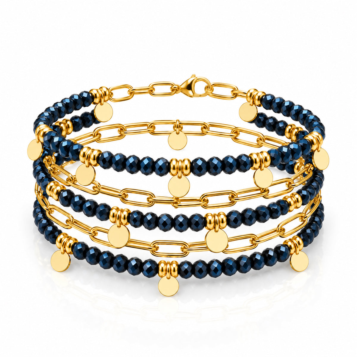 Gold-filled paperclip chain wrap bracelet with midnight dark blue crystal beads — Unfiltered Collection by Gogh Jewelry Design